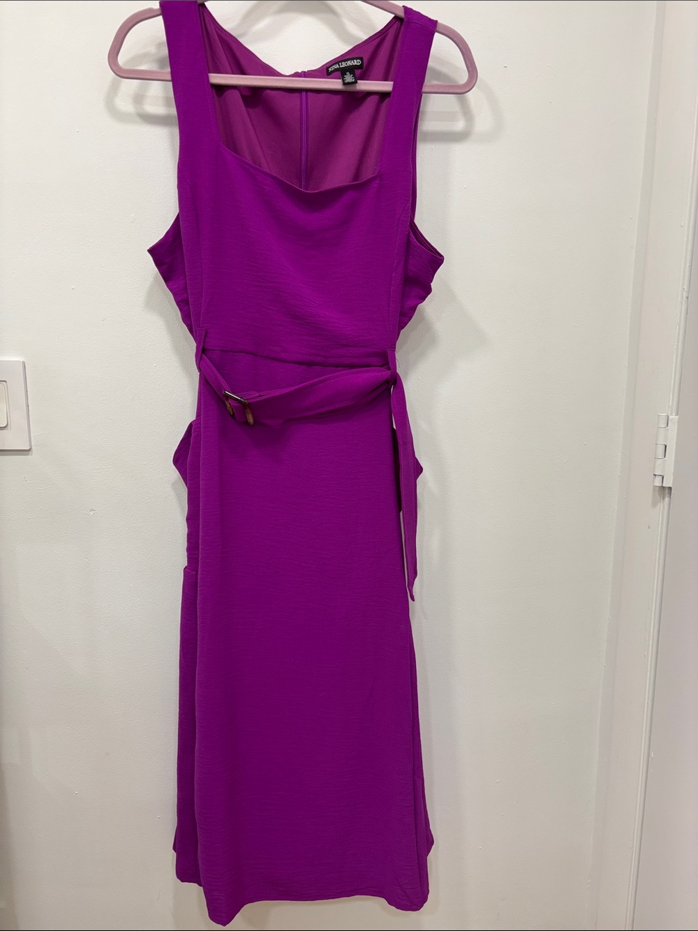 Nina Leonard Bold Fuchsia Sleeveless Belted Midi Dress